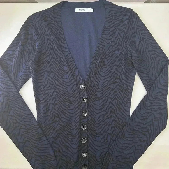 Ricki’s Cardigan V-Neck Button Front Fitted Blue & Black Zebra  Animal Print XS - Picture 12 of 16